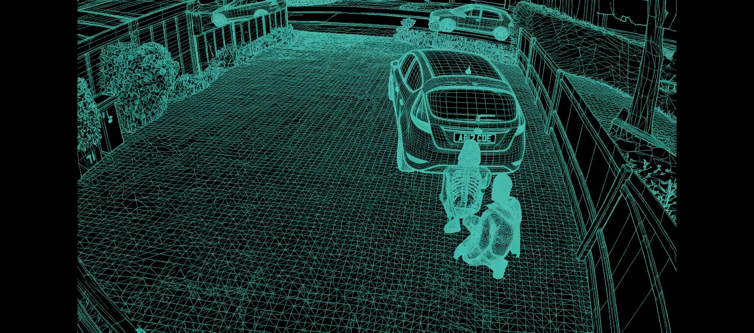 scOS AI vision — two unknown individuals crouching behind a vehicle on the driveway
