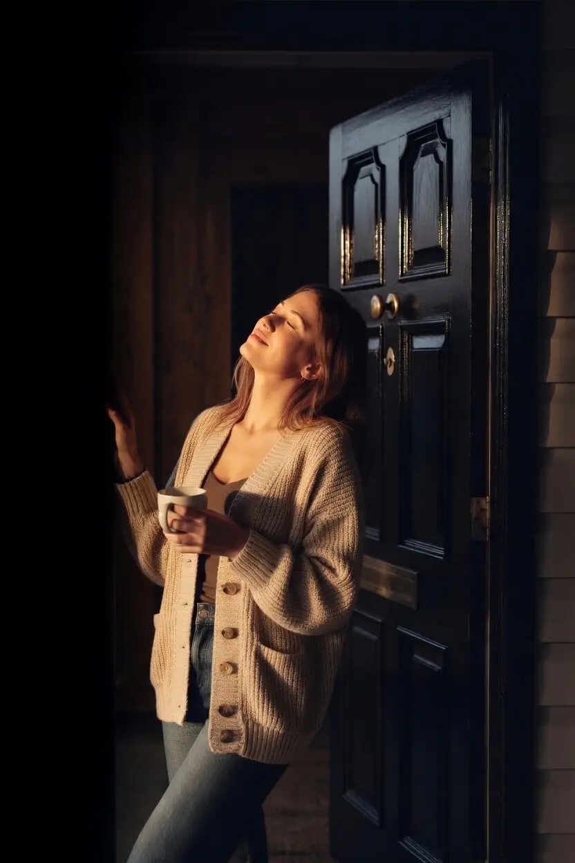 Woman standing peacefully in an open doorway with morning light, protected by scOS